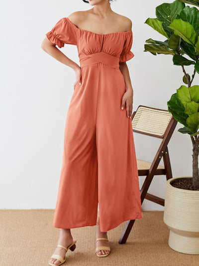 Off-Shoulder Short Sleeve Wide Leg Jumpsuit - OMDEL.COM