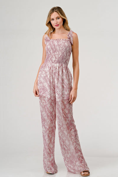 GeeGee Printed Tie Shoulder Wide Leg Jumpsuit - OMDEL.COM