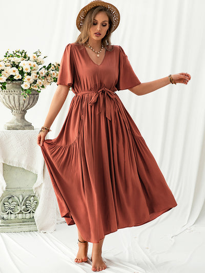 Plus Size V-Neck Flutter Sleeve Midi Dress Trendsi OMDEL.COM