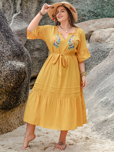 Plus Size Notched Tie Waist Half Sleeve Midi Dress Trendsi OMDEL.COM