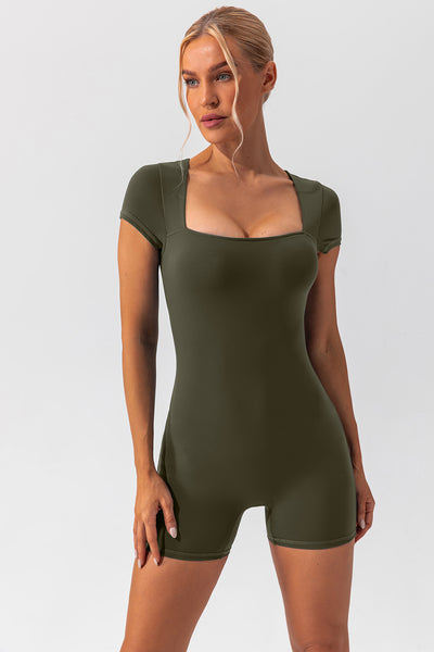 Square Neck Cap Sleeve Active Romper - OMDEL.COM