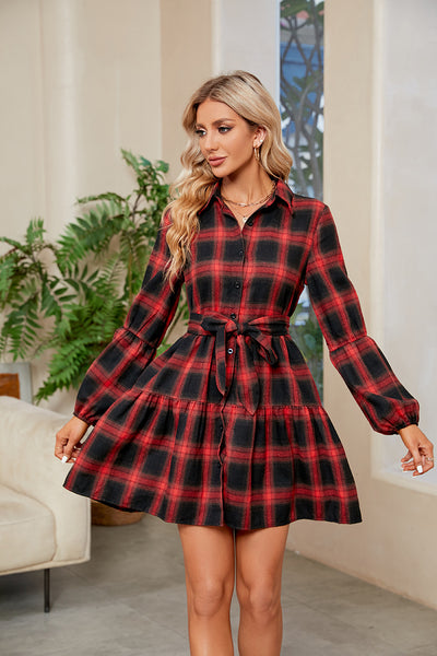 Plaid Print Tie Waist Collared Neck Shirt Dress Trendsi OMDEL.COM