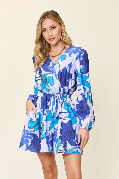 Double Take Full Size Floral Long Sleeve Romper with Pockets - OMDEL.COM