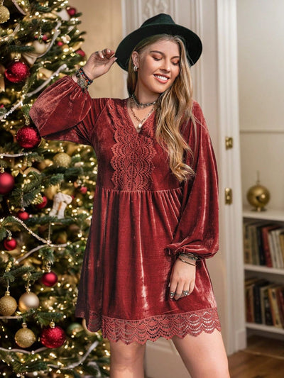 Plus Size Lace Detail V-Neck Long Sleeve Mini Dress Trendsi OMDEL.COM