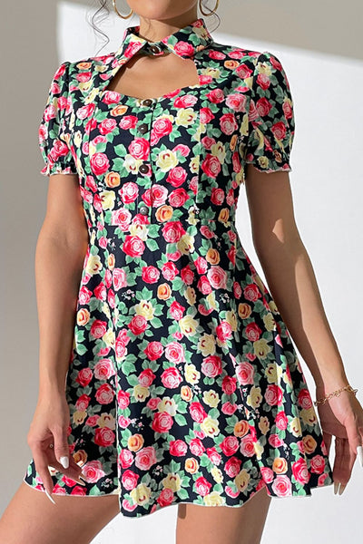 Shiny Floral Buttoned Cutout Puff Sleeve Dress Trendsi OMDEL.COM