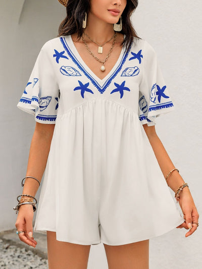 Printed V-Neck Half Sleeve Romper - OMDEL.COM