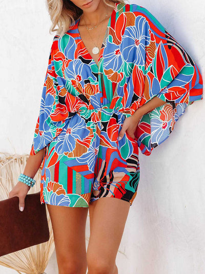 Tied Printed Kimono Sleeve Romper - OMDEL.COM