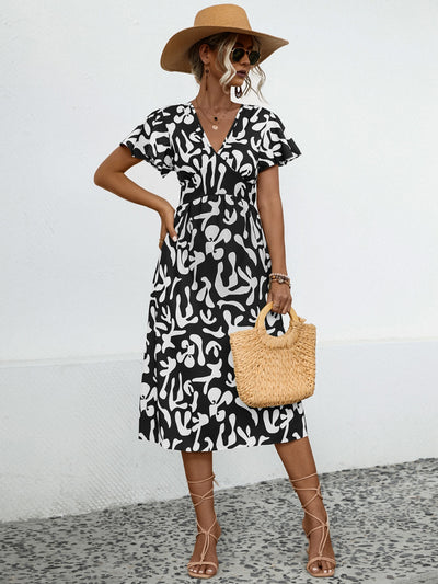 Printed V-Neck Short Sleeve Dress Trendsi OMDEL.COM