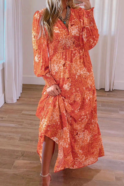 Smocked Printed V-Neck Long Sleeve Dress Trendsi OMDEL.COM