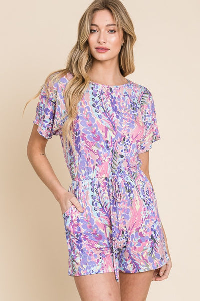 BOMBOM Print Short Sleeve Romper with Pockets - OMDEL.COM