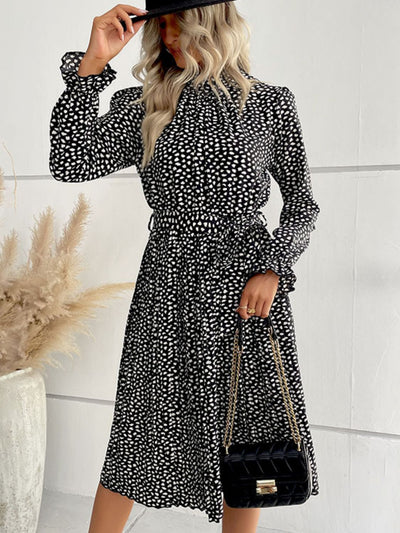 Perfee Printed Tie-Waist Flounce Sleeve Keyhole Midi Dress Trendsi OMDEL.COM