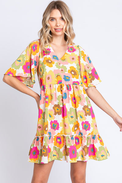 GeeGee Full Size Floral V-Neck Ruffle Trim Mini Dress Trendsi OMDEL.COM