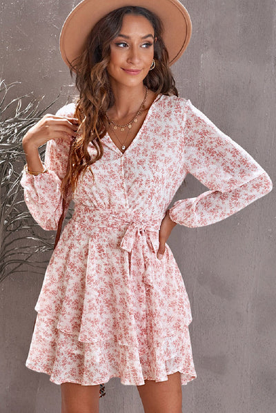 Floral Surplice Balloon Sleeve Layered Dress Trendsi OMDEL.COM