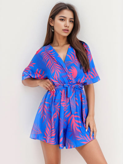 Printed Surplice Half Sleeve Romper - OMDEL.COM