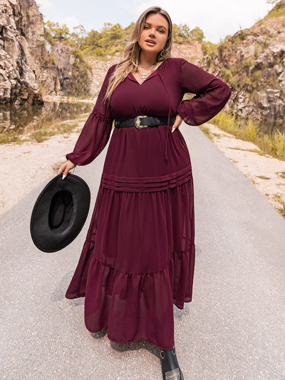 Plus Size Tie Neck Balloon Sleeve Tiered Dress Trendsi OMDEL.COM