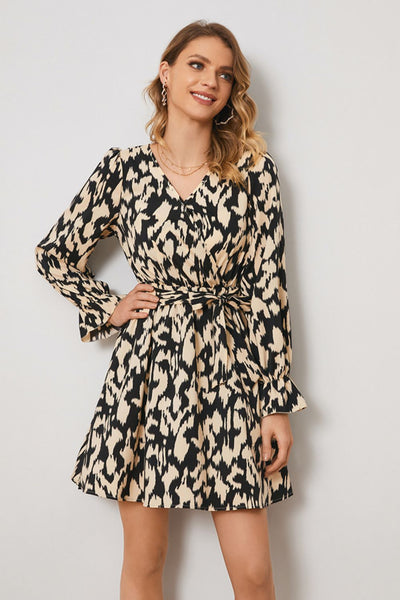 Animal Print Surplice Neck Long Flounce Sleeve Dress Trendsi OMDEL.COM