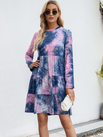 Ivy Lane Tie-Dye Round Neck Long Sleeve Tiered Dress Trendsi OMDEL.COM