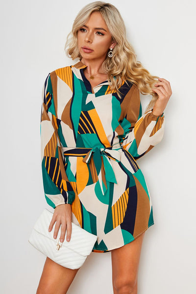 Geometric Print Belted Curved Hem Dress Trendsi OMDEL.COM