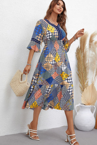 Honey Patchwork V-Neck Tiered Midi Dress Trendsi OMDEL.COM