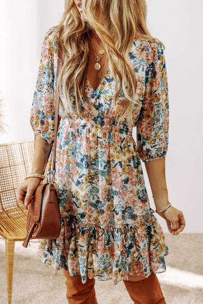 Printed V-Neck Half Sleeve Dress Trendsi OMDEL.COM