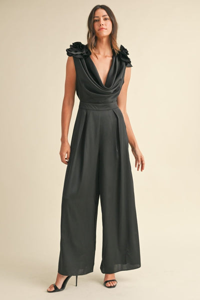 MABLE 3D Floral Applique Deep Cowl Neck Jumpsuit Trendsi OMDEL.COM