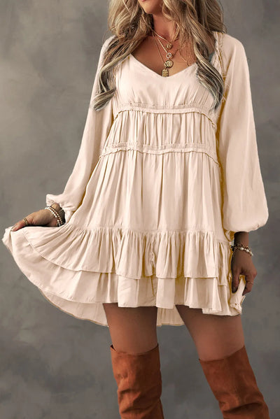 Frill Ruffled V-Neck Long Sleeve Mini Dress Trendsi OMDEL.COM