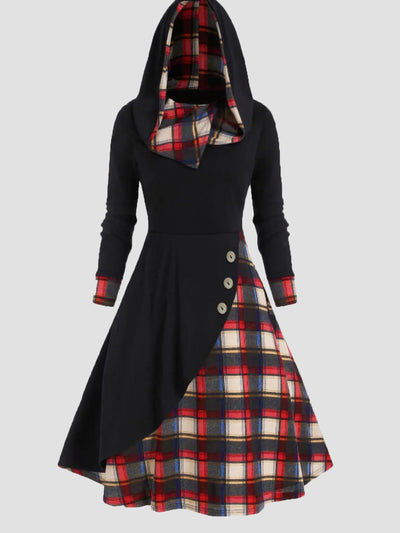 Plus Size Plaid Buttoned Long Sleeve Hooded Dress Trendsi OMDEL.COM