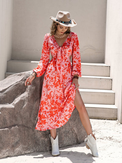 Tied Cutout Printed Long Sleeve Midi Dress Trendsi OMDEL.COM