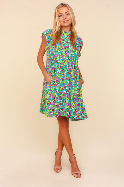 Haptics Frilled Mock Neck Ditsy Floral Dress Trendsi OMDEL.COM