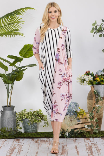 Celeste Full Size Floral Striped Contrast Midi-Dress with Pockets Trendsi OMDEL.COM