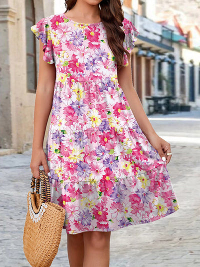 Printed Round Neck Tiered Dress Trendsi OMDEL.COM