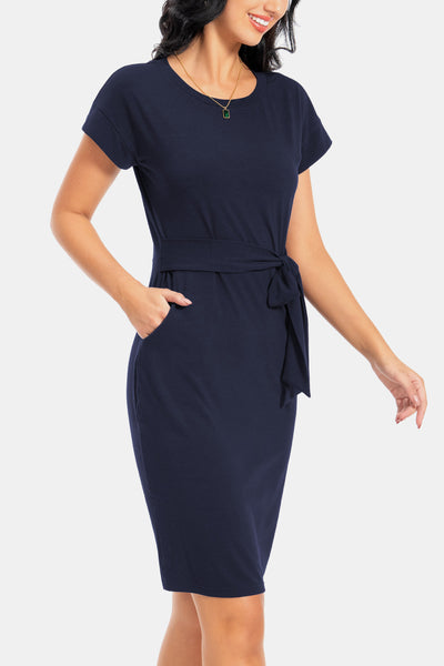 Tie Front Round Neck Short Sleeve Dress Trendsi OMDEL.COM