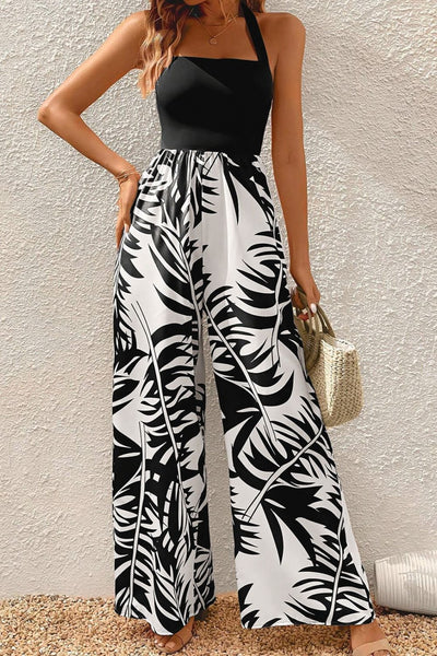 Printed Halter Wide Leg Jumpsuit - OMDEL.COM