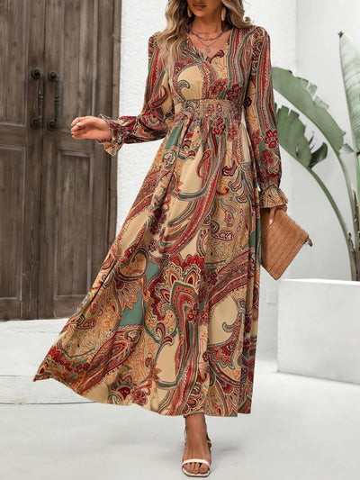 Smocked Printed V-Neck Flounce Sleeve Dress Trendsi OMDEL.COM