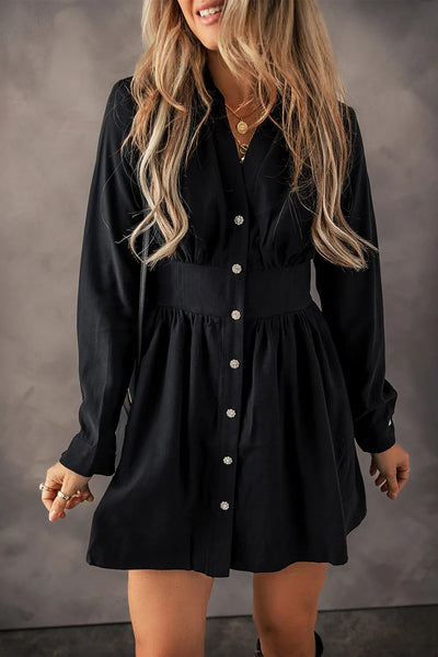 Ruched Button Up Long Sleeve Dress Trendsi OMDEL.COM