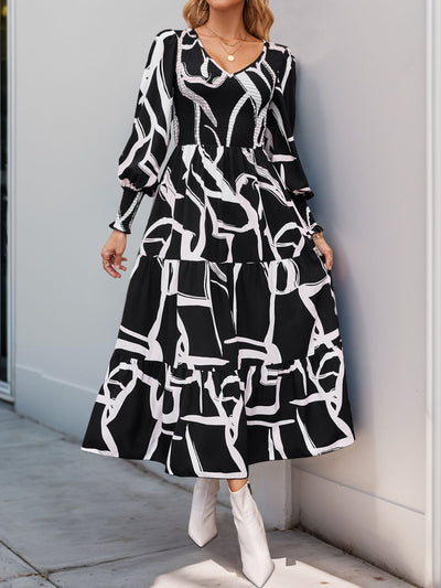 Perfee Smocked Printed Long Sleeve Midi Dress Trendsi OMDEL.COM