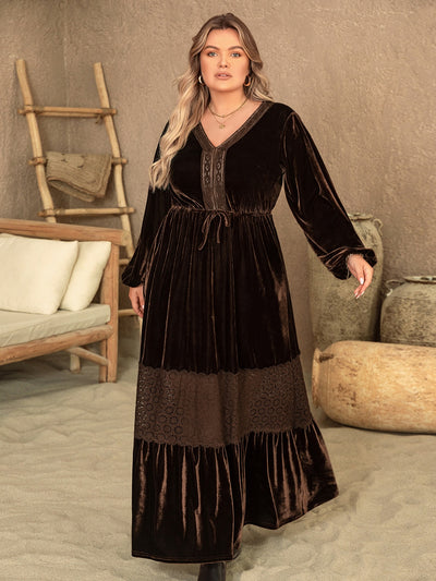 Plus Size V-Neck Balloon Sleeve Maxi Dress Trendsi OMDEL.COM