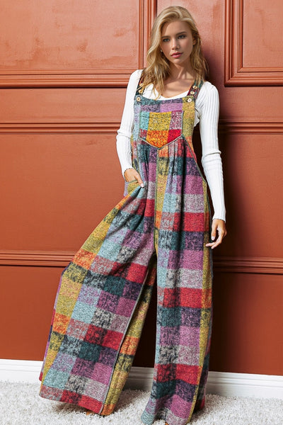 Double Take Full Size Plaid Sleeveless Fleece Wide Leg Jumpsuit Trendsi OMDEL.COM