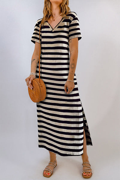 Striped V-Neck Short Sleeve Side Slit Dress Trendsi OMDEL.COM