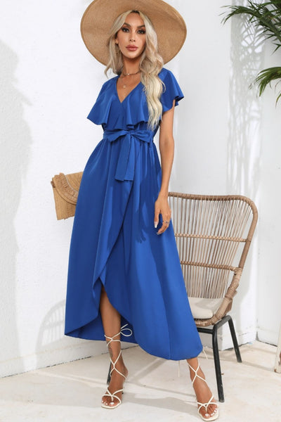 Ruffled Tied V-Neck Midi Dress Trendsi OMDEL.COM