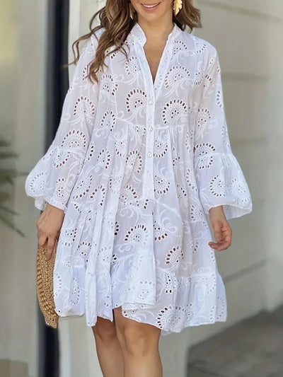 Ruffle Hem Eyelet Notched Long Sleeve Dress Trendsi OMDEL.COM