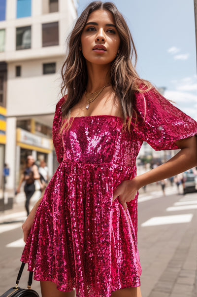 Sequin Square Neck Balloon Sleeve Romper Trendsi OMDEL.COM