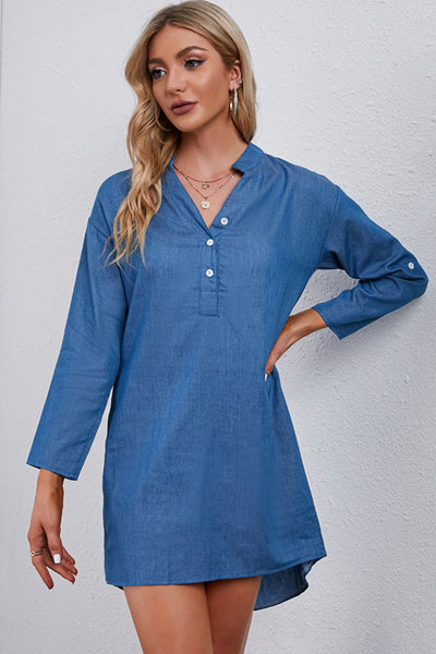 Half-Button Notched Neck High-Low Denim Dress Trendsi OMDEL.COM