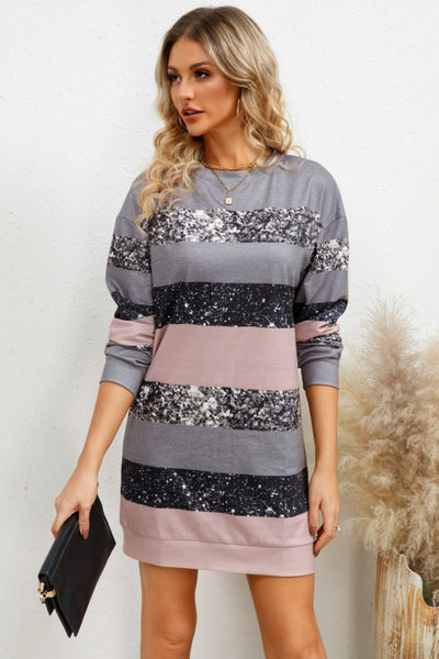 Striped Round Neck Dropped Shoulder Dress Trendsi OMDEL.COM