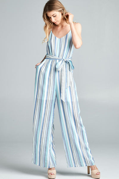 Cotton Bleu by Nu Label Tie Front Striped Sleeveless Jumpsuit - OMDEL.COM