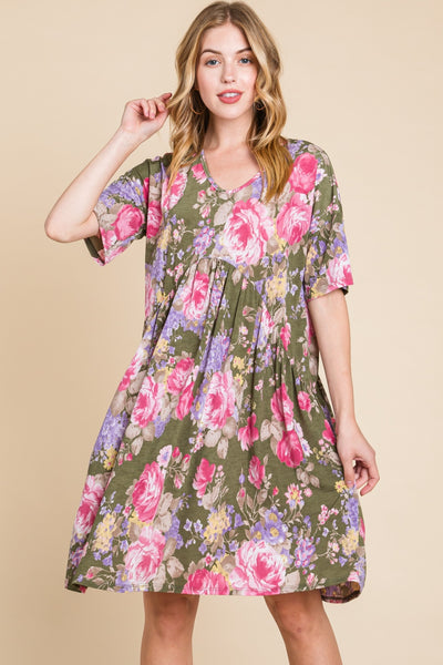 BOMBOM Flower Print V-Neck Ruched Dress Trendsi OMDEL.COM