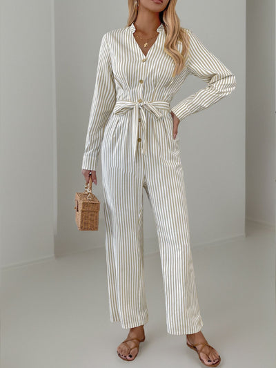 Striped Notched Long Sleeve Tie Waist Jumpsuit - OMDEL.COM