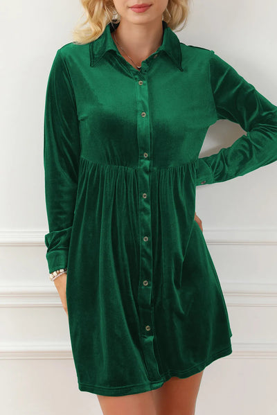 Ruched Button Up Collared Neck Long Sleeve Shirt Dress Trendsi OMDEL.COM