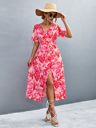 Floral Print High Slit Surplice Neck Tie Waist Midi Dress Trendsi OMDEL.COM