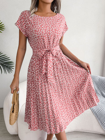 Ditsy Floral Pleated Belted Dress Trendsi OMDEL.COM